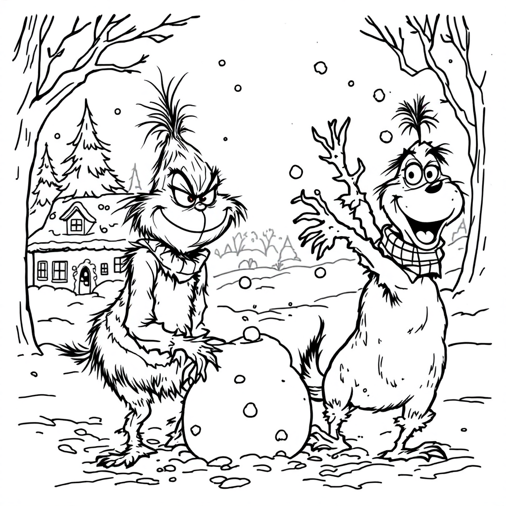 Grinch - Grinch and Max Playing in Snow Coloring Page (Free) | ColorFun